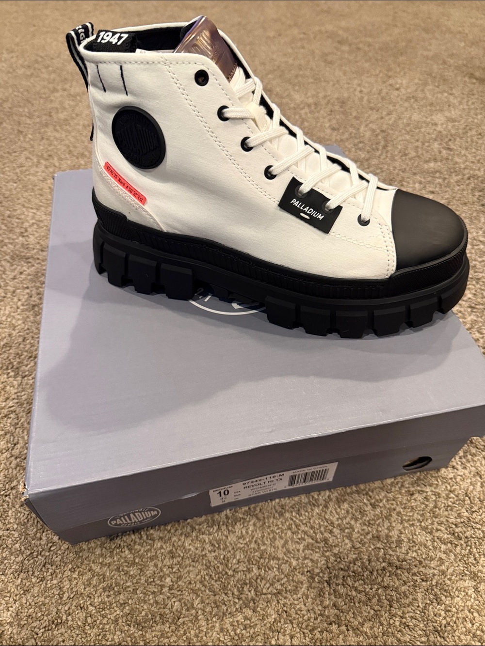 Palladium White High-Top Lace-Up Lug Sole Boots with Black Accents